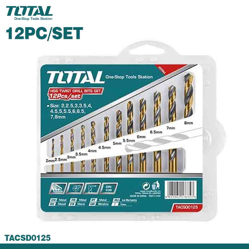 TOTAL 12PCS HSS Twist Drill Bits Set - Metal, Wood & Plastic