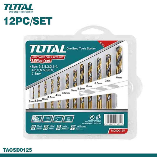 TOTAL 12PCS HSS Twist Drill Bits Set - Metal, Wood & Plastic